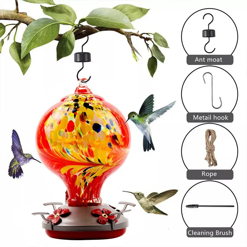 Sherum Hand Blown Glass Hummingbird Feeder - 32 Ounces