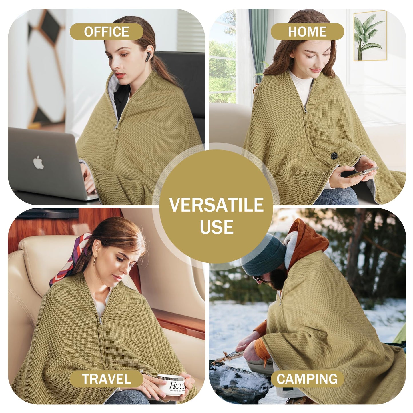Sherum Portable Soft Zipper Electric Heated Blanket Shawl