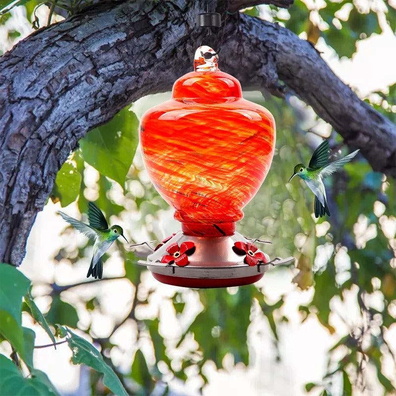 Sherum Hand Blown Glass Hummingbird Feeder - 38 Ounces
