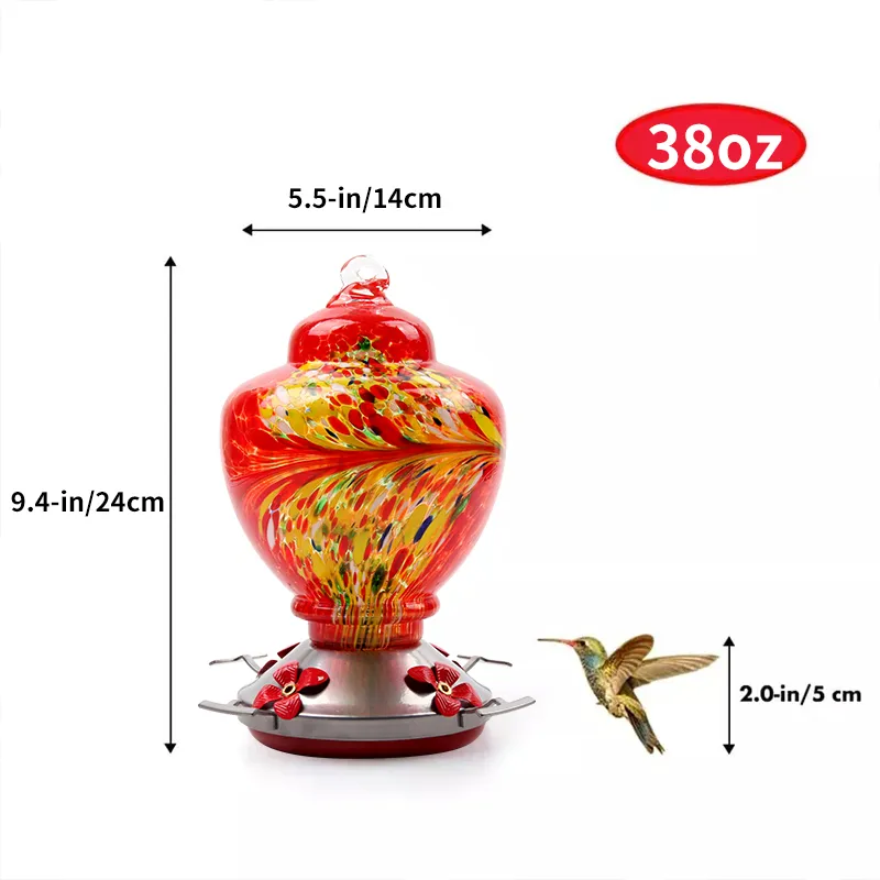 Sherum Hand Blown Glass Hummingbird Feeder - 38 Ounces