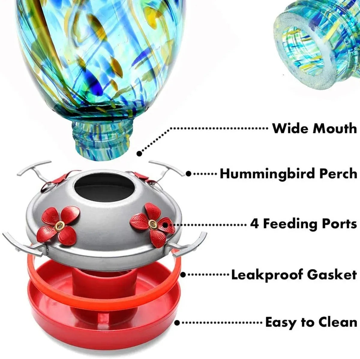 Sherum Hand Blown Glass Hummingbird Feeder - 25 Ounces