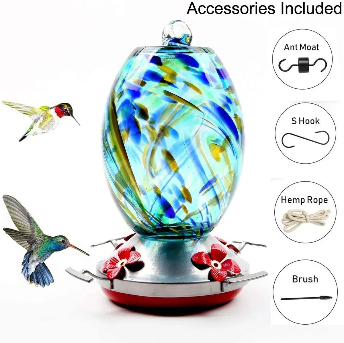 Sherum Hand Blown Glass Hummingbird Feeder - 25 Ounces