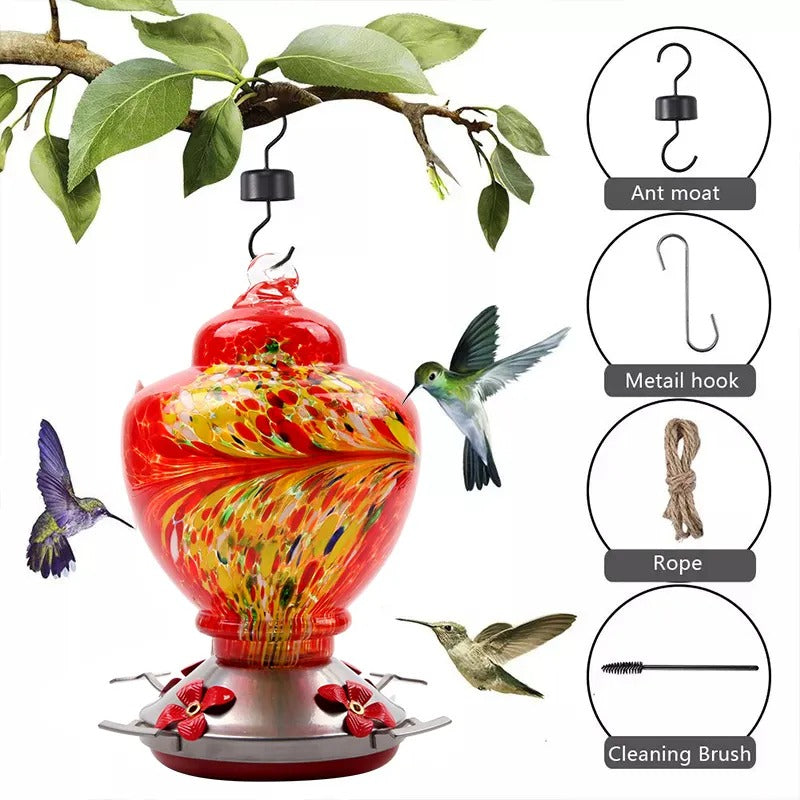 Sherum Hand Blown Glass Hummingbird Feeder - 38 Ounces