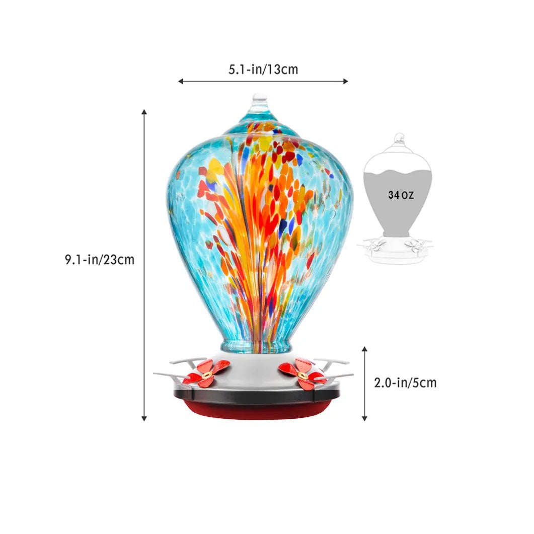Sherum Hand Blown Glass Hummingbird Feeder - 34 Ounces