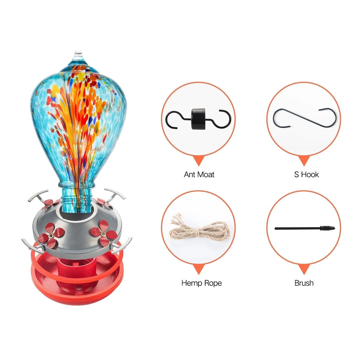 Sherum Hand Blown Glass Hummingbird Feeder - 34 Ounces